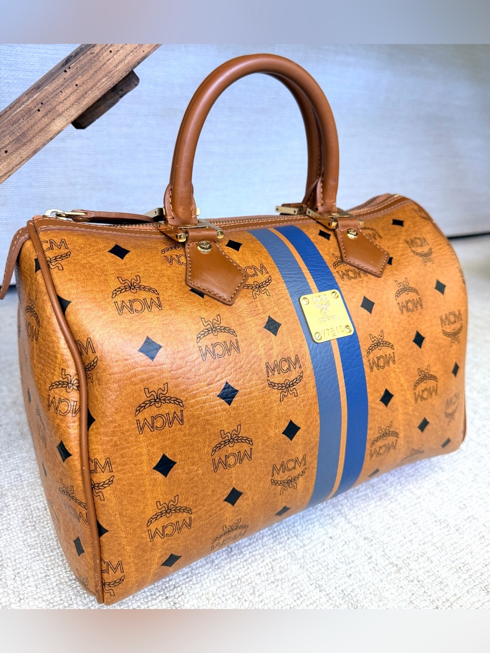 MCM Rare Visetos Blue Stripe Boston Satchel Bag Cognac Gold Hardware - Picture 2 of 13